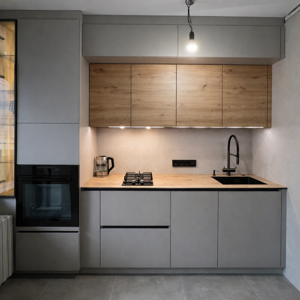 Серая кухня с древесными фасадами Egger